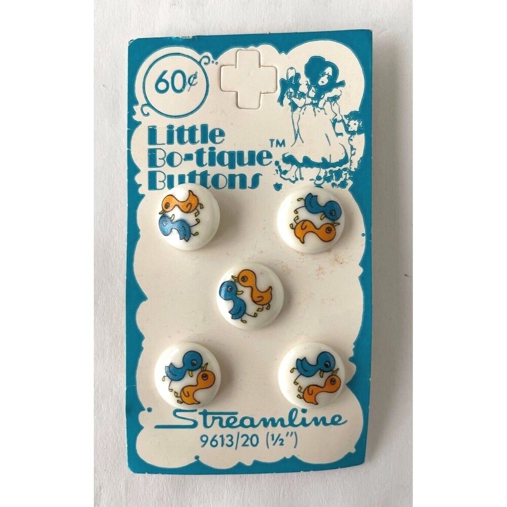 5 Vintage LITTLE BO-TIQUE Buttons Streamline Orange & Blue Ducklings on Card NOS